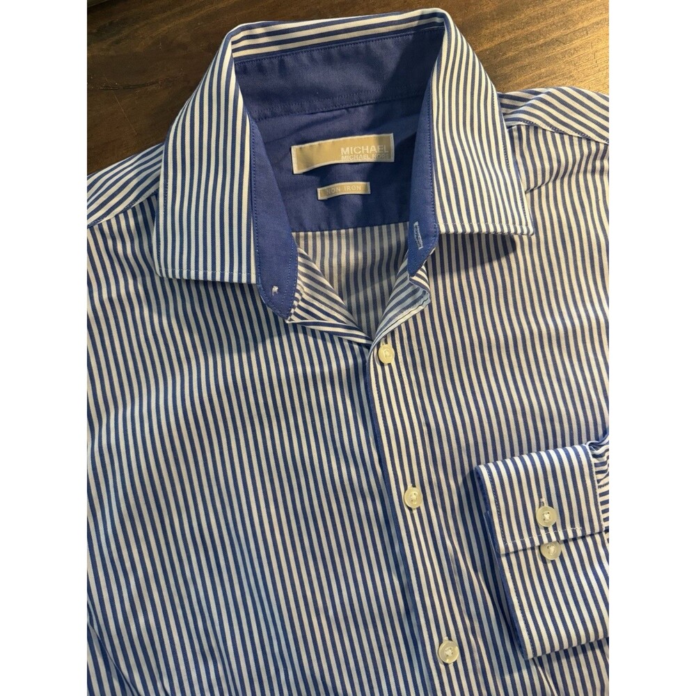Michael Michael Kors Shirt Mens XL Blue Striped Non Iron Button Up Long Sleeve
